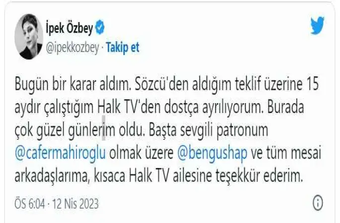 İpek Özbey Halk TV'den ayrıldı