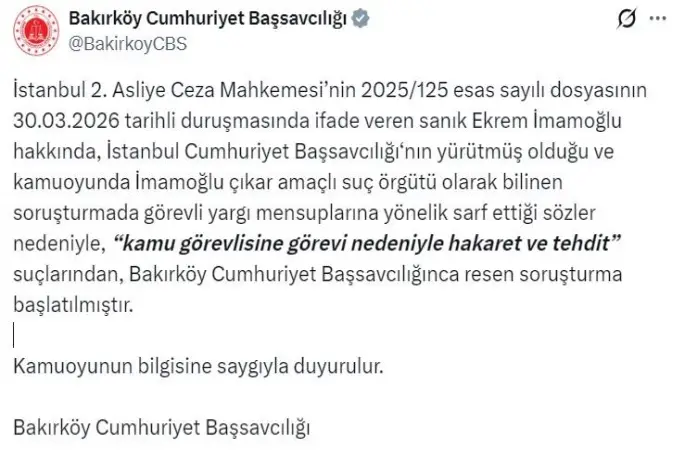 Ekrem İmamoğlu, hakkında "hakaret ve tehdit" suçlarından soruşturma başlatıldı
