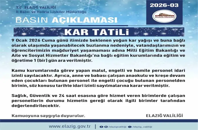 Elazığ’da eğitime 1 gün ara verildi
