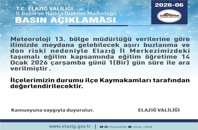 Elazığ’da taşımalı eğitime 1 gün ara
