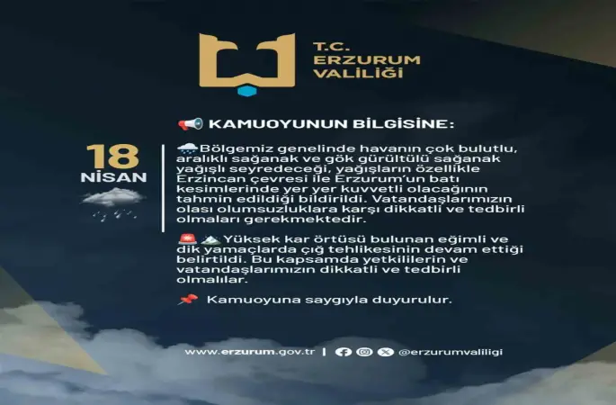 Erzurum Valiliğinden kuvvetli yağış uyarısı
