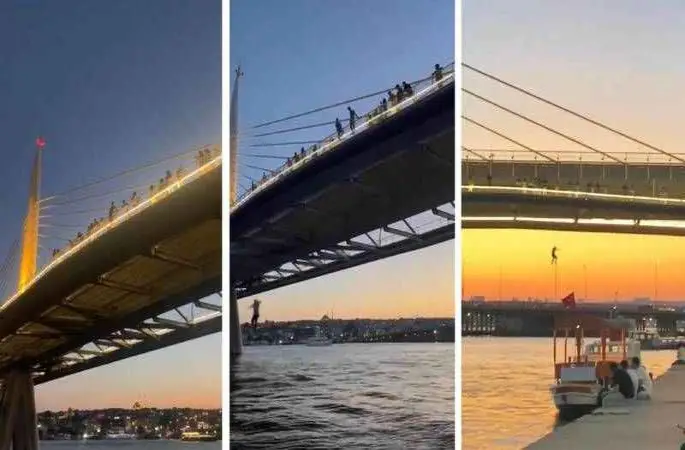 Haliç Metro Köprüsü’nde gençlerin tehlikeli oyunu kamerada