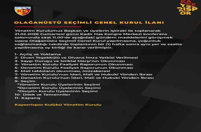 Kayserispor’un genel kurulu 21 Şubat’ta
