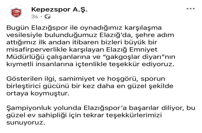 Kepezspor’dan Elazığ’a teşekkür ve övgü
