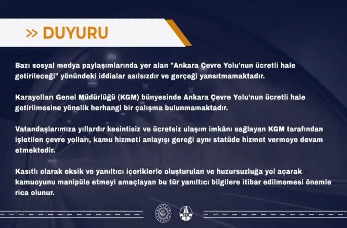 KGM’den "Ankara Çevre Yolu’nun ücretli hale getirileceği" iddialarına yalanlama
