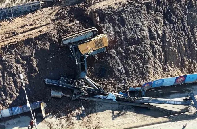 Maltepe’de istinat duvarı güçlendirme çalışmasında iş makinesi devrildi
