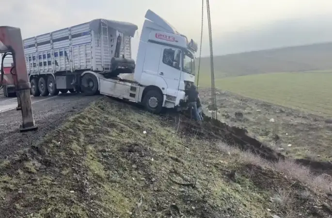 Mardin’de kontrolden çıkan tır yol kenarına savruldu
