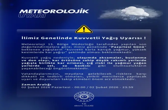 Meteorolojiden Bingöl için kuvvetli yağış uyarısı
