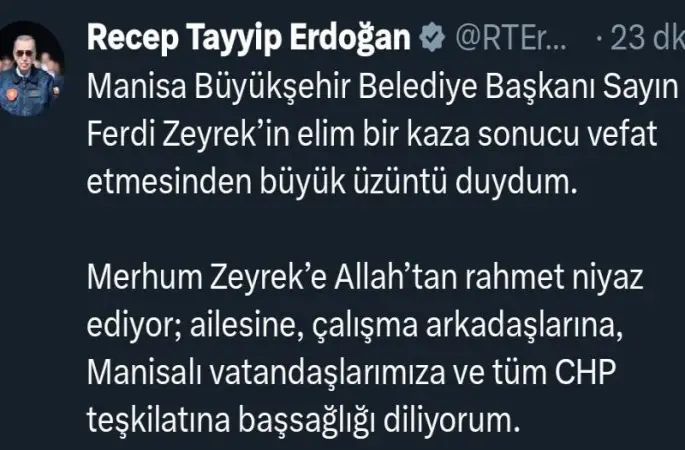 Cumhurbaşkanı Erdoğan’dan Ferdi Zeyrek için taziye mesajı
