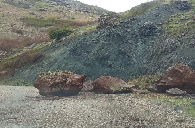 Sincik’te kuvvetli yağış sonrası köy yoluna kaya düştü
