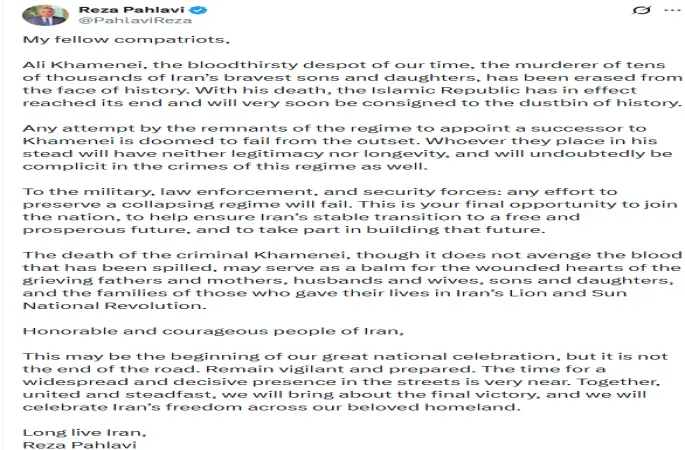 Sürgündeki Rıza Pehlevi: "Hamaney’in ölümüyle, İran rejimi fiilen sona erdi"
