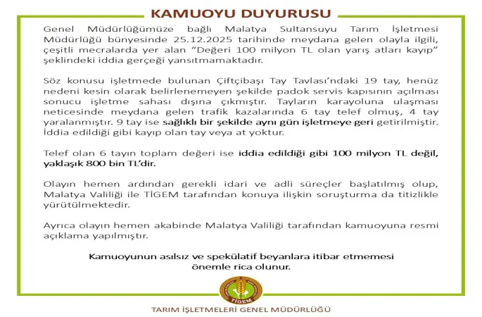 TİGEM’den ’değeri 100 milyon lira olan yarış atları kayıp’ iddialarına yalanlama
