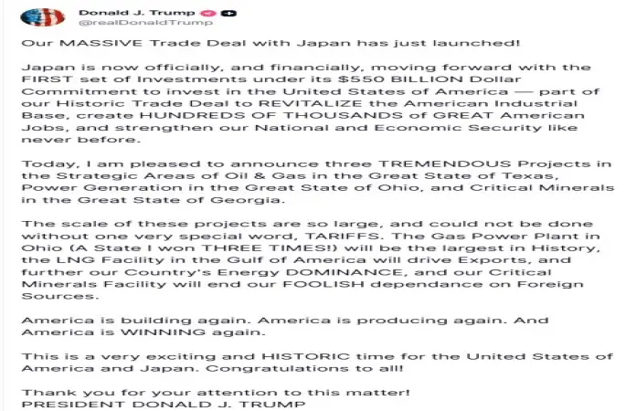 Trump, Japonya’nın 550 milyar dolarlık yatırım taahhüdü kapsamındaki ilk projeleri duyurdu

