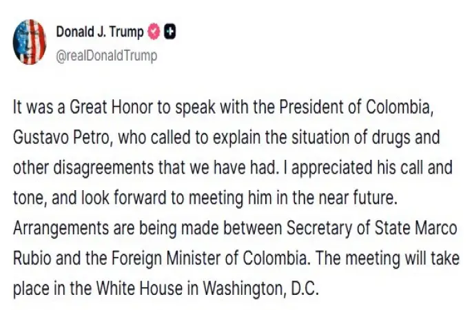 Trump, Kolombiya Devlet Başkanı Petro ile telefonda konuştuğunu duyurdu: "Beni aramasını ve üslubunu takdir ettim"
