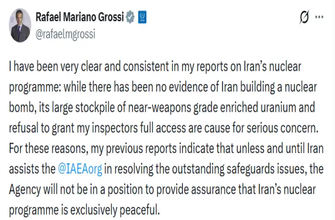 UAEA Başkanı Grossi, İran’ın nükleer bomba ürettiğine dair bir kanıtın bulunmadığını yineledi

