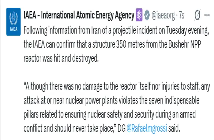 UAEA, İran’daki Buşehr Nükleer Santrali reaktörünün yakınına füze isabet ettiğini doğruladı
