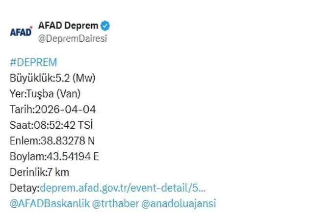 Van’da 5.2 büyüklüğünde deprem
